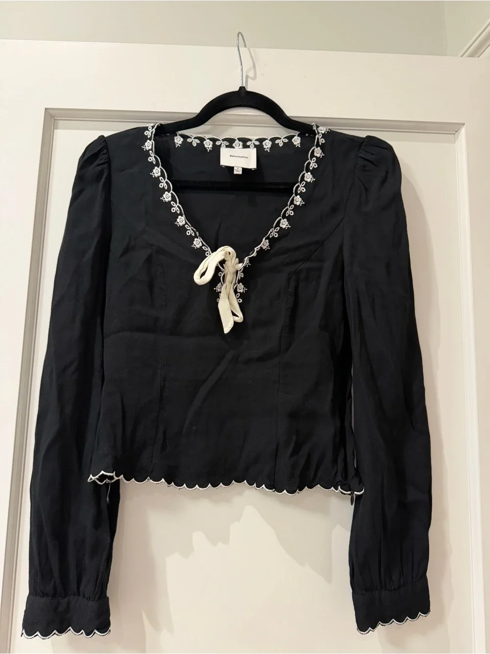 Reformation Vivia , Black V-Neck Long Sleeve Top with Cream Tie - size 2